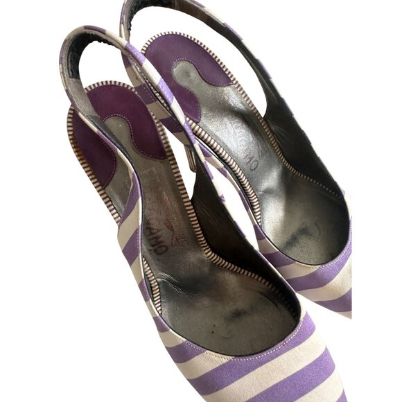 SALVATORE FERRAGAMO Purple White Striped Slingback Heels Size 7 - Picture 8 of 14